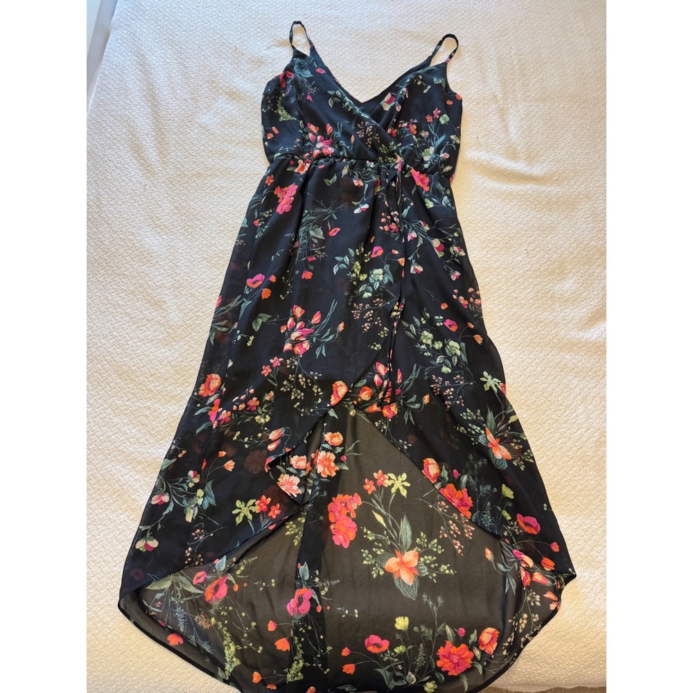 IZ Byer Black Floral High Low Maxi Dress Wrap V-Neck Sleeveless Size M